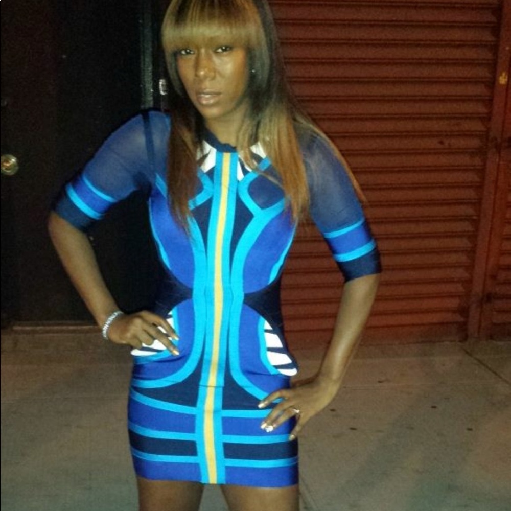 Beautiful blue, yellow and white bodycon dress